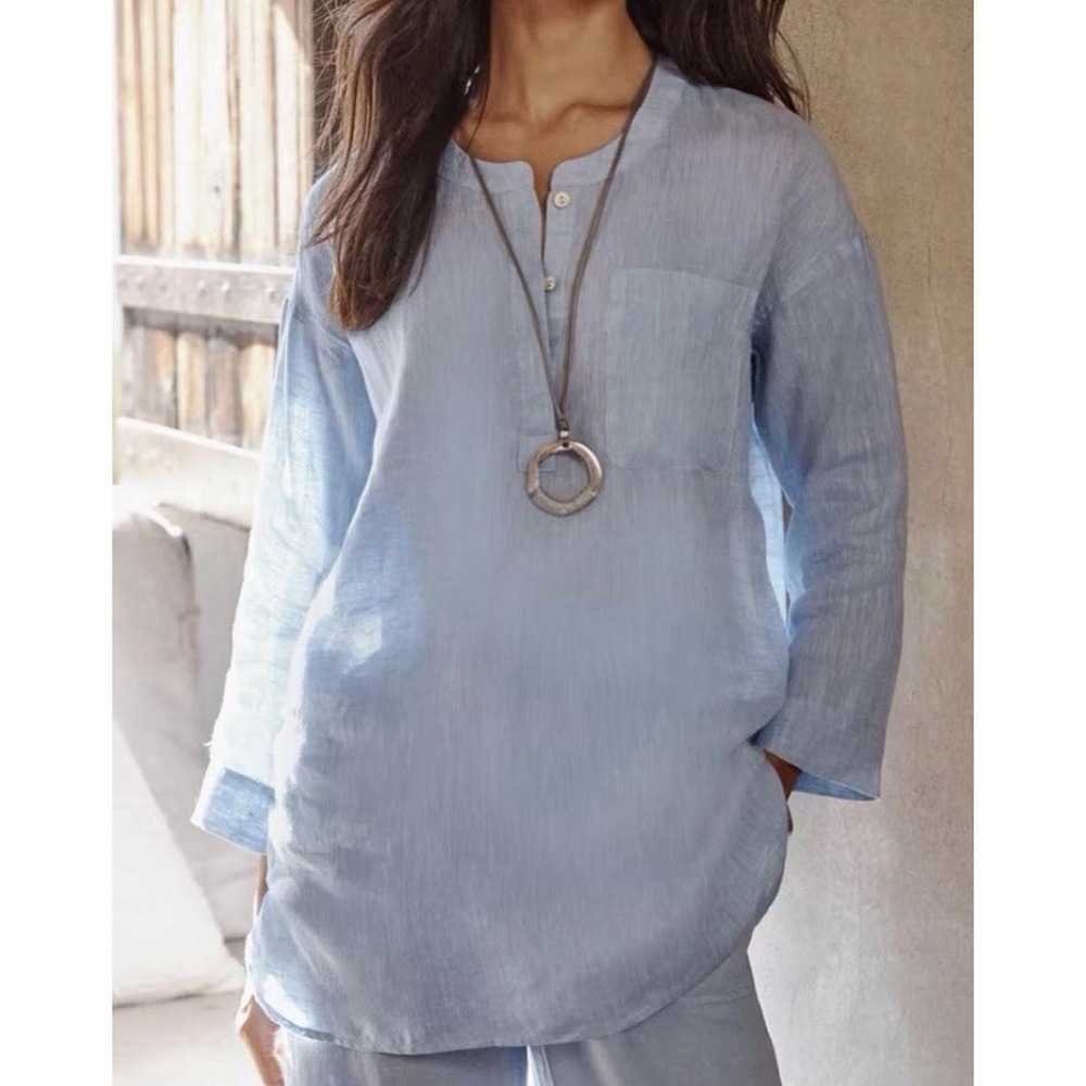 J Jill Pure 100% Linen M Tall MT Light Blue One Pocket Tunic Top Popover Coastal